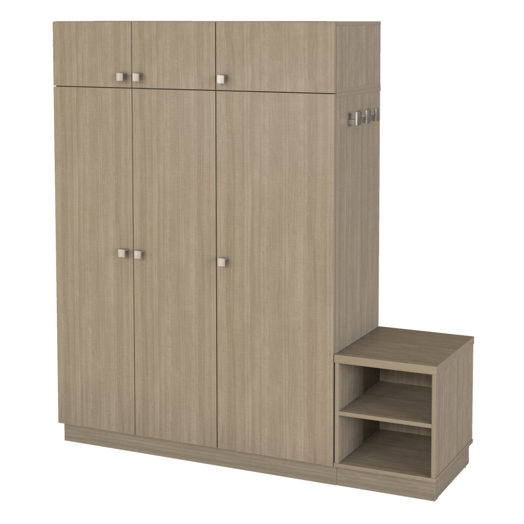 Studio rendering of the Homewood Suites GR-323 hotel guest room armoire in light wood finish, featuring a full-height wardrobe section and an integrated open-shelf luggage bench.