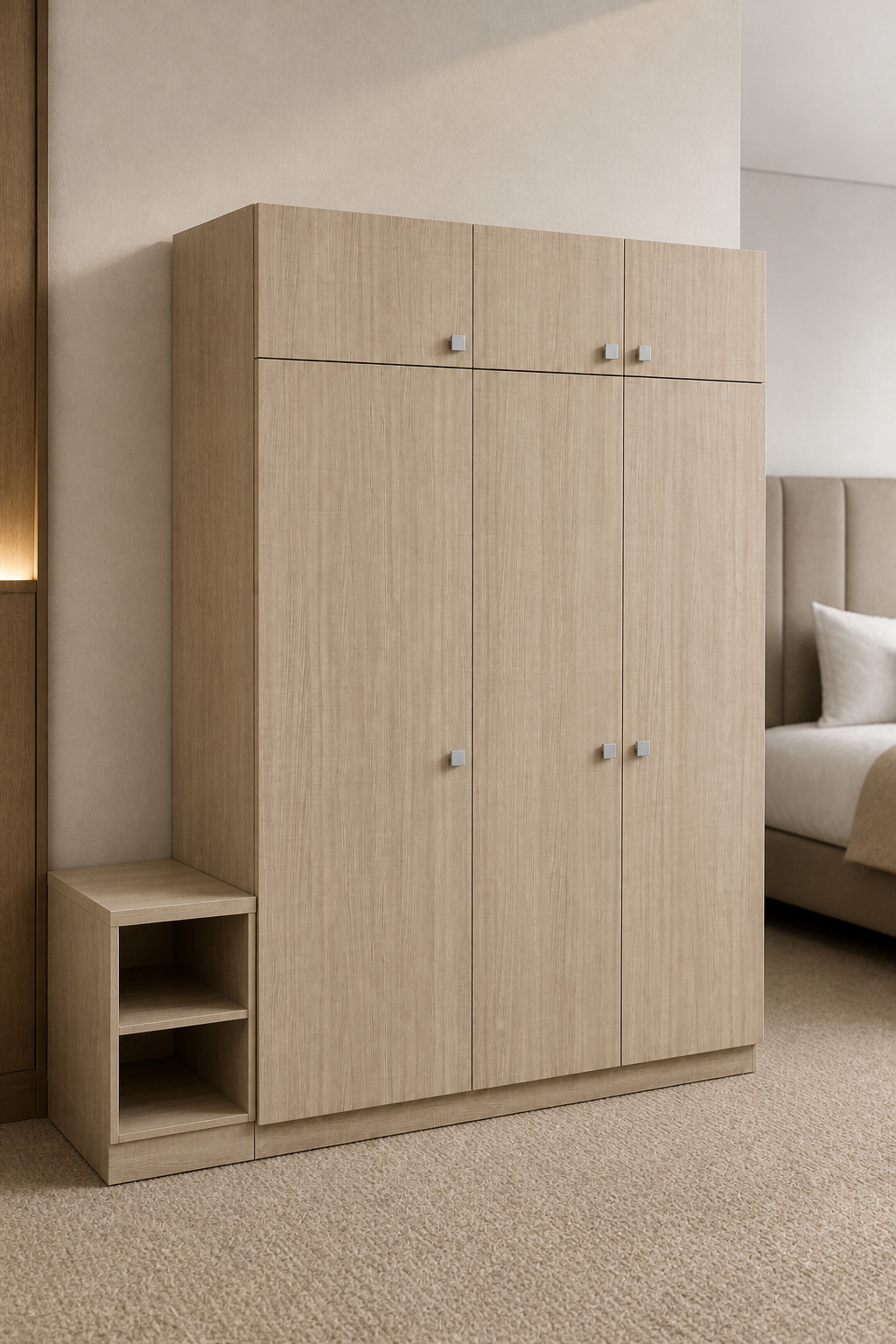Homewood Suites GR-323 one-bedroom suite hotel wardrobe in light wood finish with open shelving and matching nightstand, installed in a guest bedroom.