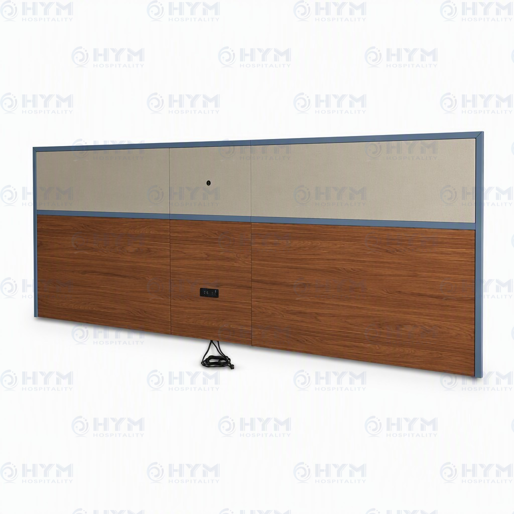 Queen size hotel headboard in wood and grey upholstery, designed for AmericInn guestroom furniture collection.