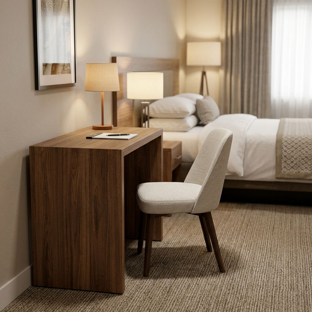 CG-253 desk with upholstered chair in guestroom setting