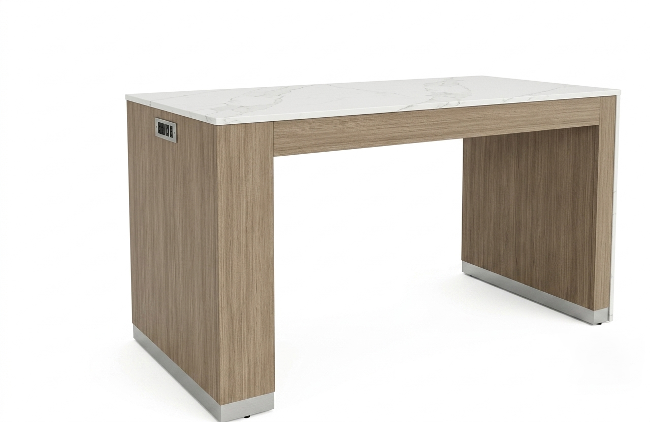 GR-315 productivity table in Wilsonart Park Elm finish with Tiger Drylac silver gloss metal ferrules and adjustable glides.