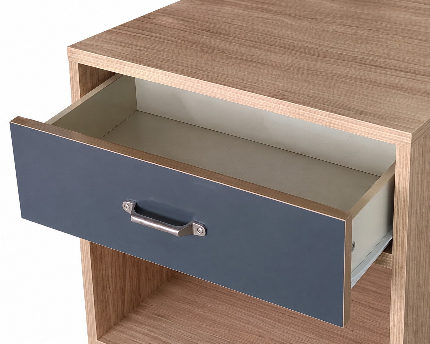 Close-up of the open drawer and matching vinyl edge trim on a Wilsonart Palisades Oak finish hospitality nightstand.
