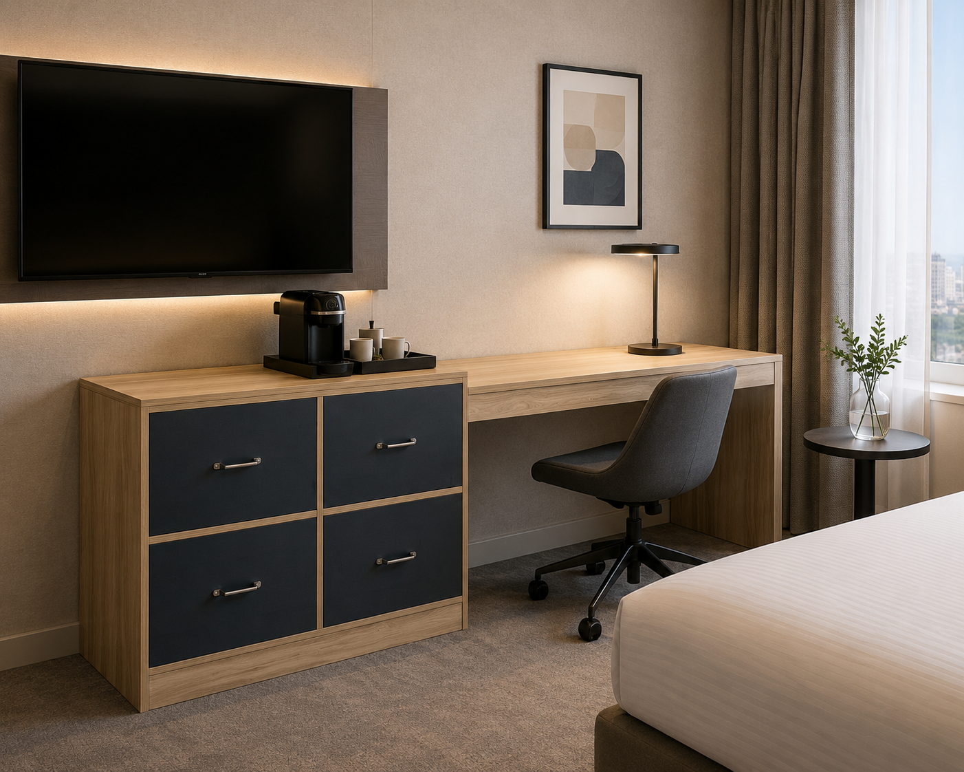 Complete hospitality FF&E collection for IHG brand hotels, showcasing the CG-210 unit integrated with modern hotel lighting and decor.