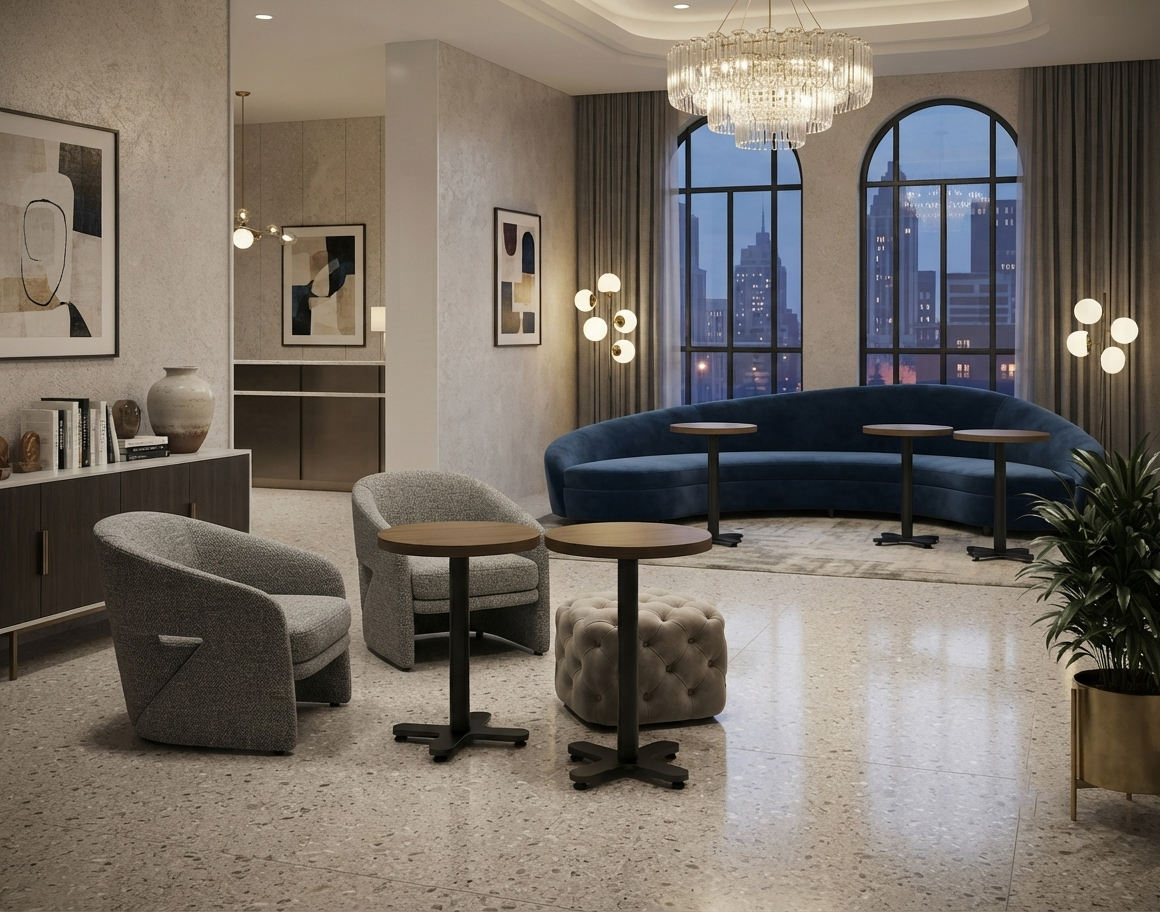 Coordinated hospitality lounge interior featuring PA-308 accent tables paired with grey upholstered seating for a turnkey FF&E solution.