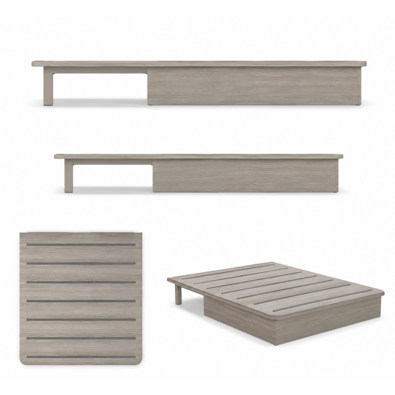 Multi-perspective view of a Hilton-standard bed base showing the recessed toe-kick bed box, horizontal support brace, and non-skid mattress strips.
