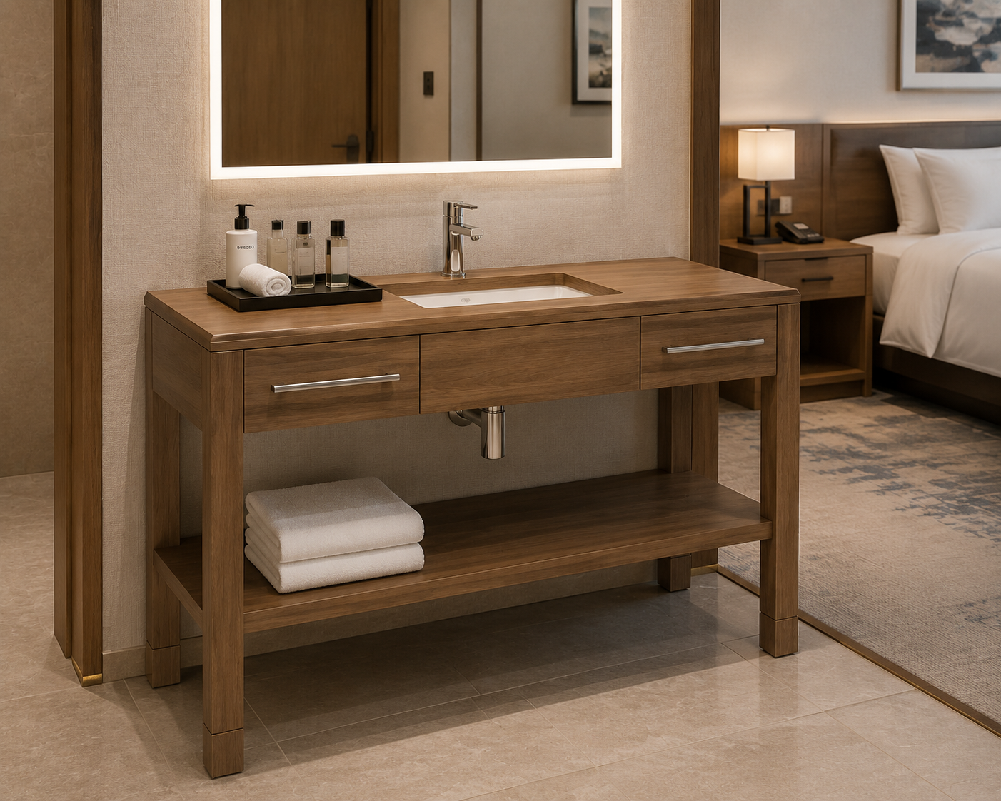 Modern guestroom bathroom interior for Candlewood Suites showcasing the CG-254 vanity with coordinated casegoods and lighting.