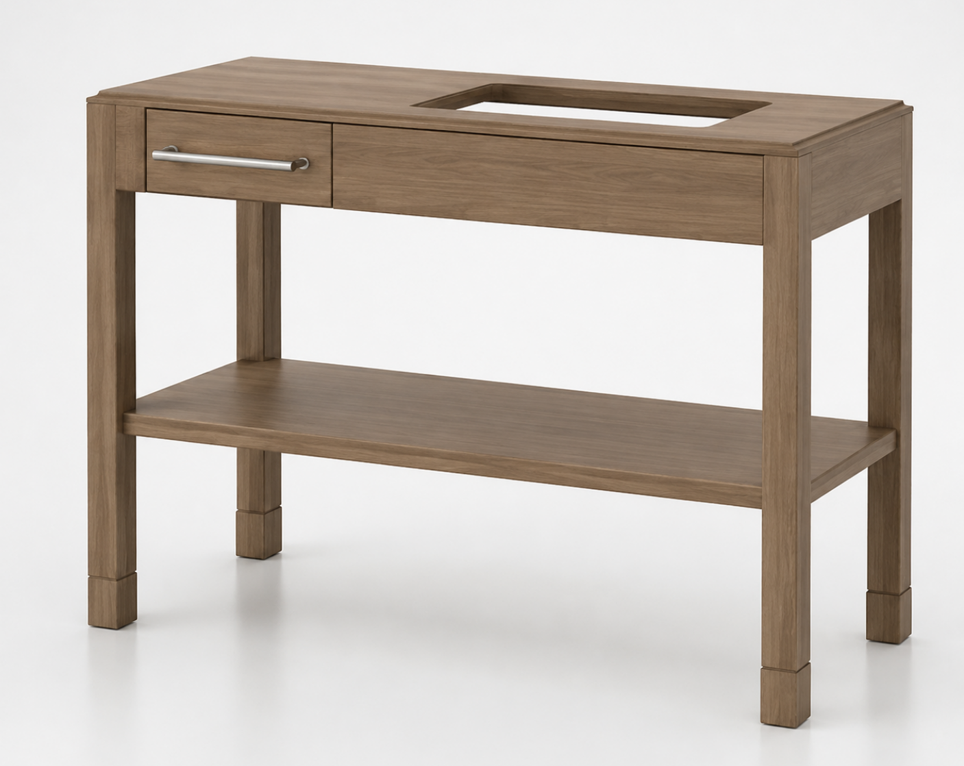 IHG brand-compliant CG-254 vanity base for Candlewood Suites with a left-hand drawer configuration and open towel shelf.
