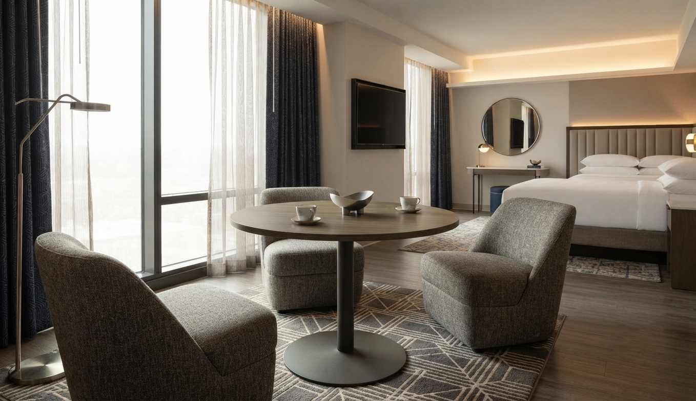Upscale hospitality suite featuring a 36-inch round table used as a dining and social hub with coordinated grey lounge chairs.