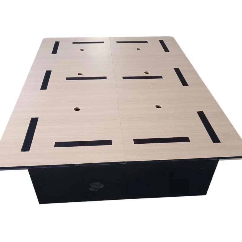 Top-down perspective of the King platform bed base showing the symmetrical non-skid strip layout and precision-milled hardware mounting holes.