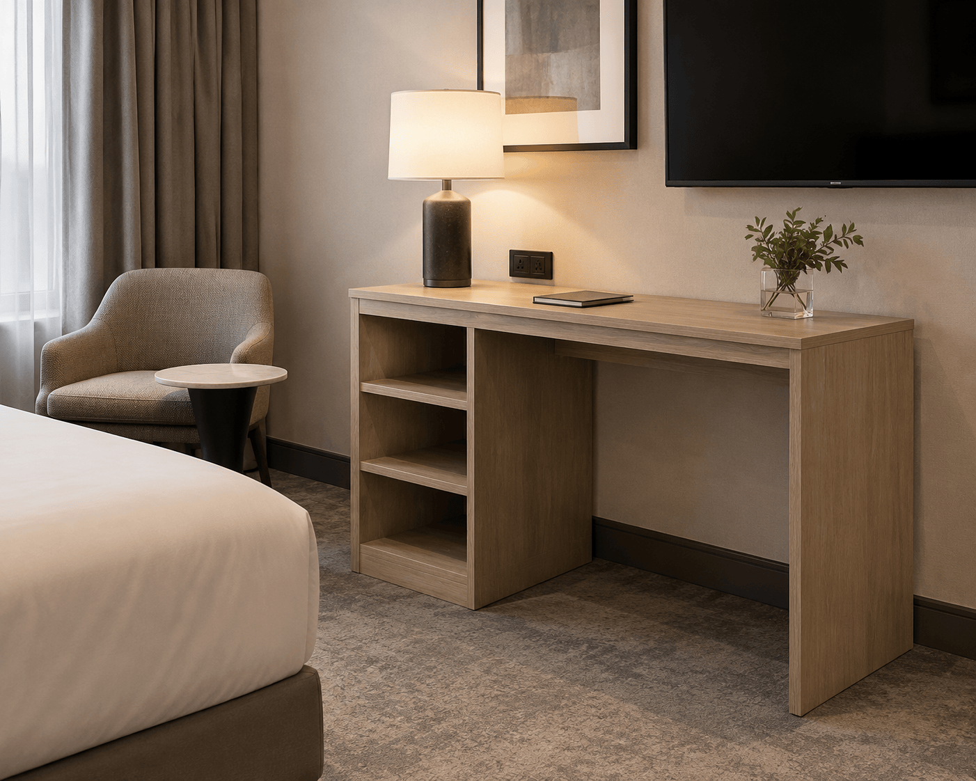 Modernized hotel guestroom interior showcasing the CG-213 desk integrated with a TV wall unit to maximize spatial productivity.