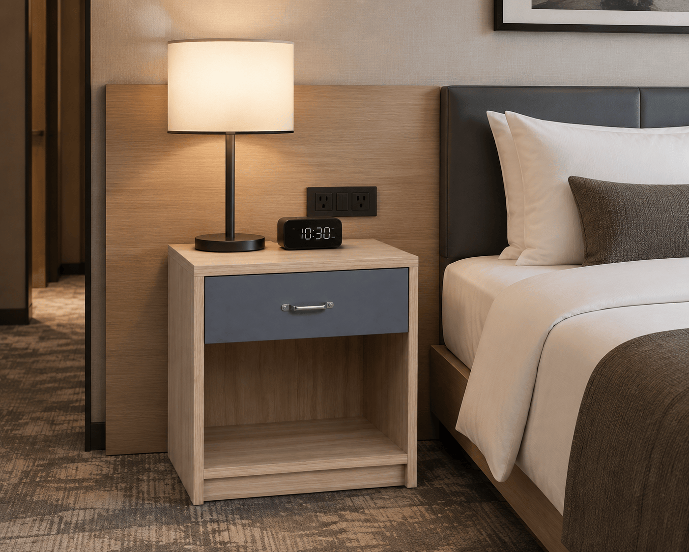 Modern IHG guestroom interior featuring a CG-212 ADA nightstand integrated with a matching wood-grain headboard system.