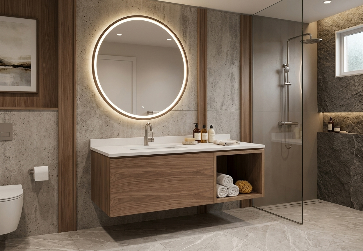 High-end Staybridge Suites bathroom design featuring a floating wood vanity cabinet and a circular backlit mirror for a premium guest experience.