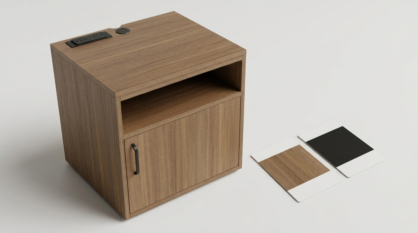 Marriott/Hilton brand-compliant King Right-Hand Nightstand GR-303 in Wilsonart Sap Walnut finish, featuring integrated power hub and material swatches for hotel FF&E procurement.