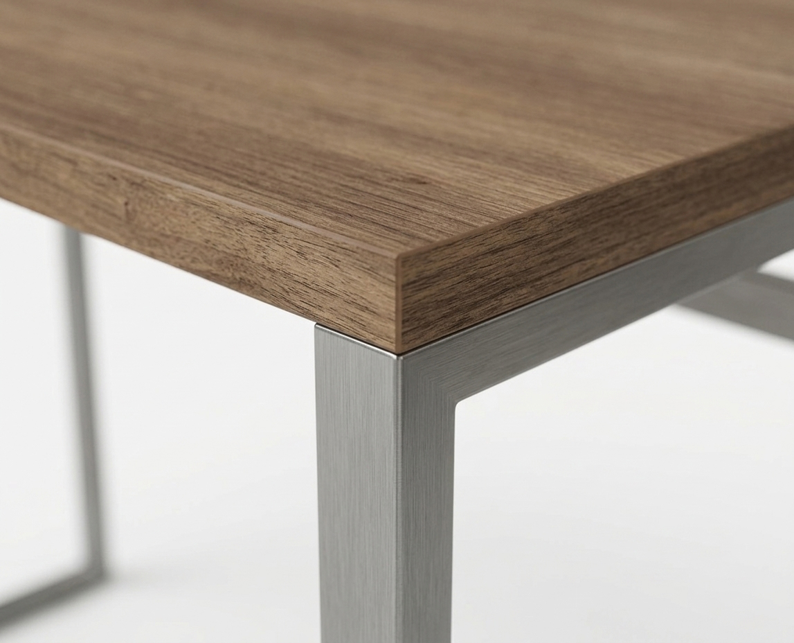Close-up detail of the scratch-resistant HPL finish and precision-welded metal leg joint on a commercial-grade hotel dining table.