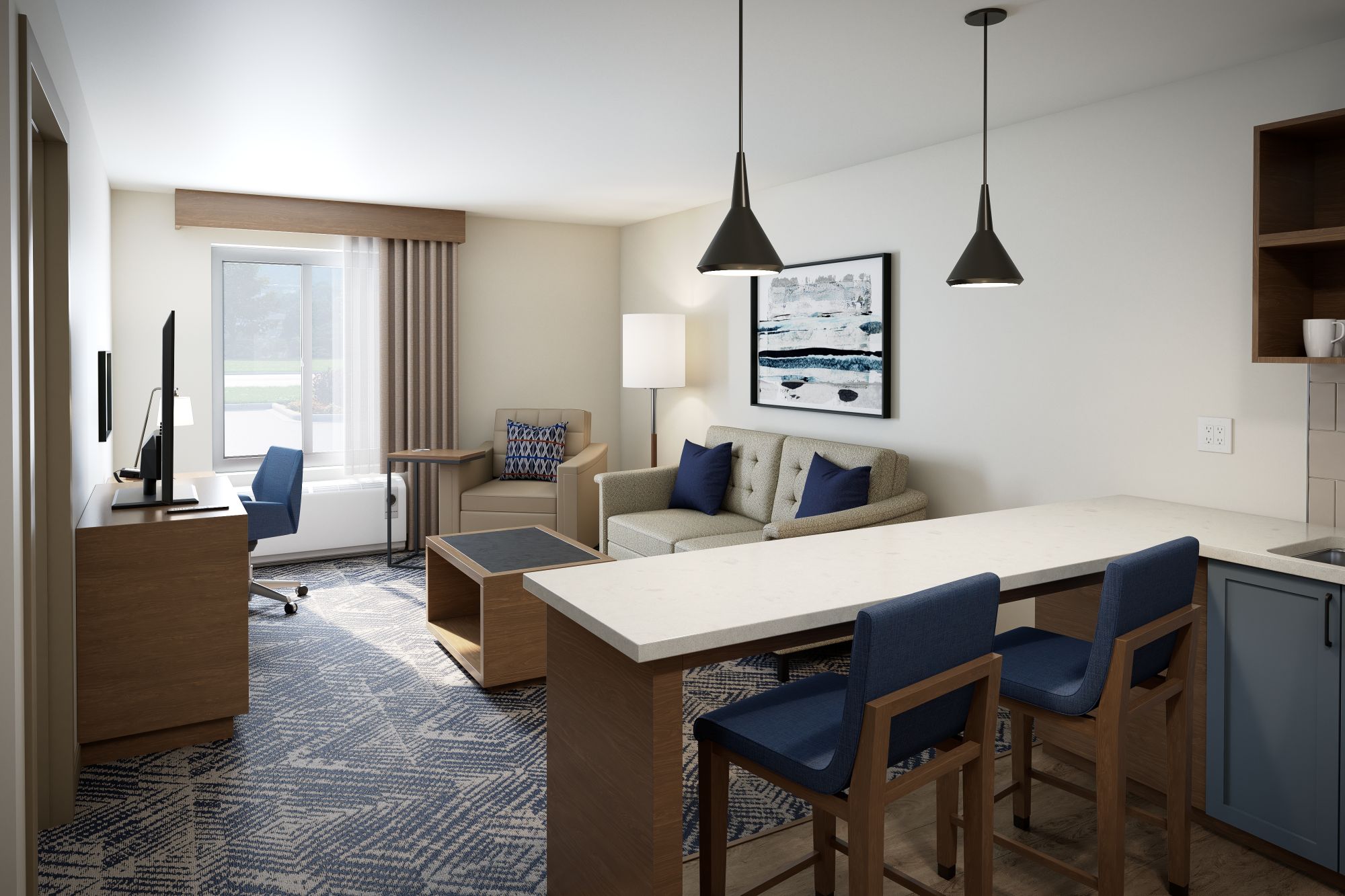 IHG brand-compliant CG-303 kitchen dining stools integrated into a Candlewood Suites One-Bedroom Suite floor plan.