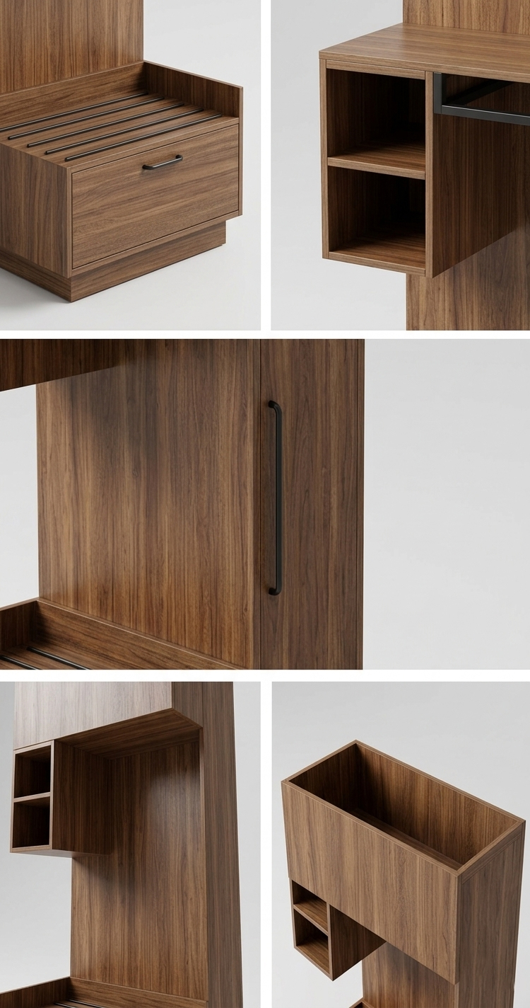 Modern GR-314 Hampton by Hilton hotel guestroom closet and wardrobe cabinet featuring two-tone wood grain and grey laminate finish.