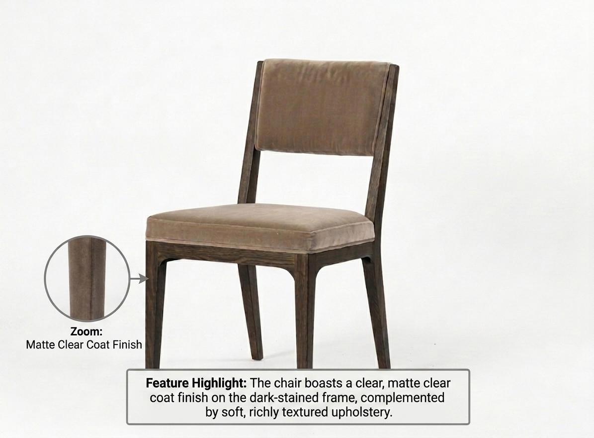Close-up of Holiday Inn Express armless dining chair EXP2-306 showing the matte clear coat on a dark-stained frame with rich textured upholstery.
