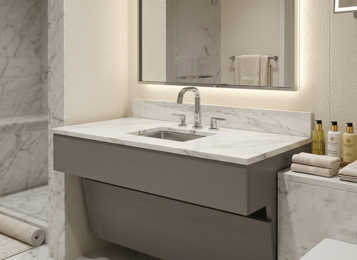 ADA compliant wall-mounted bathroom vanity for Homewood Suites by Hilton, featuring a premium marbled stone top with an integrated 4-inch backsplash for moisture protection.