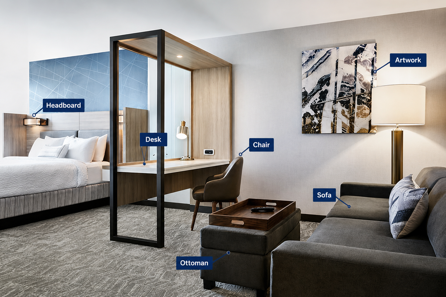 SpringHill Suites guestroom furniture package with king headboard and space-efficient desk for FF&E renovation.