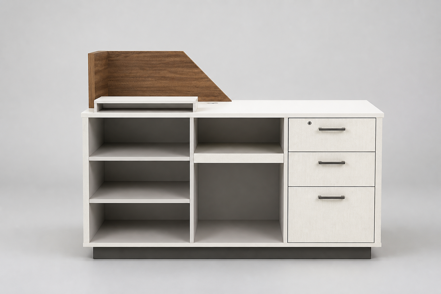Staff-side view of EXP2-216 Check-In Pod showing smart storage drawers and open shelving for hotel reception