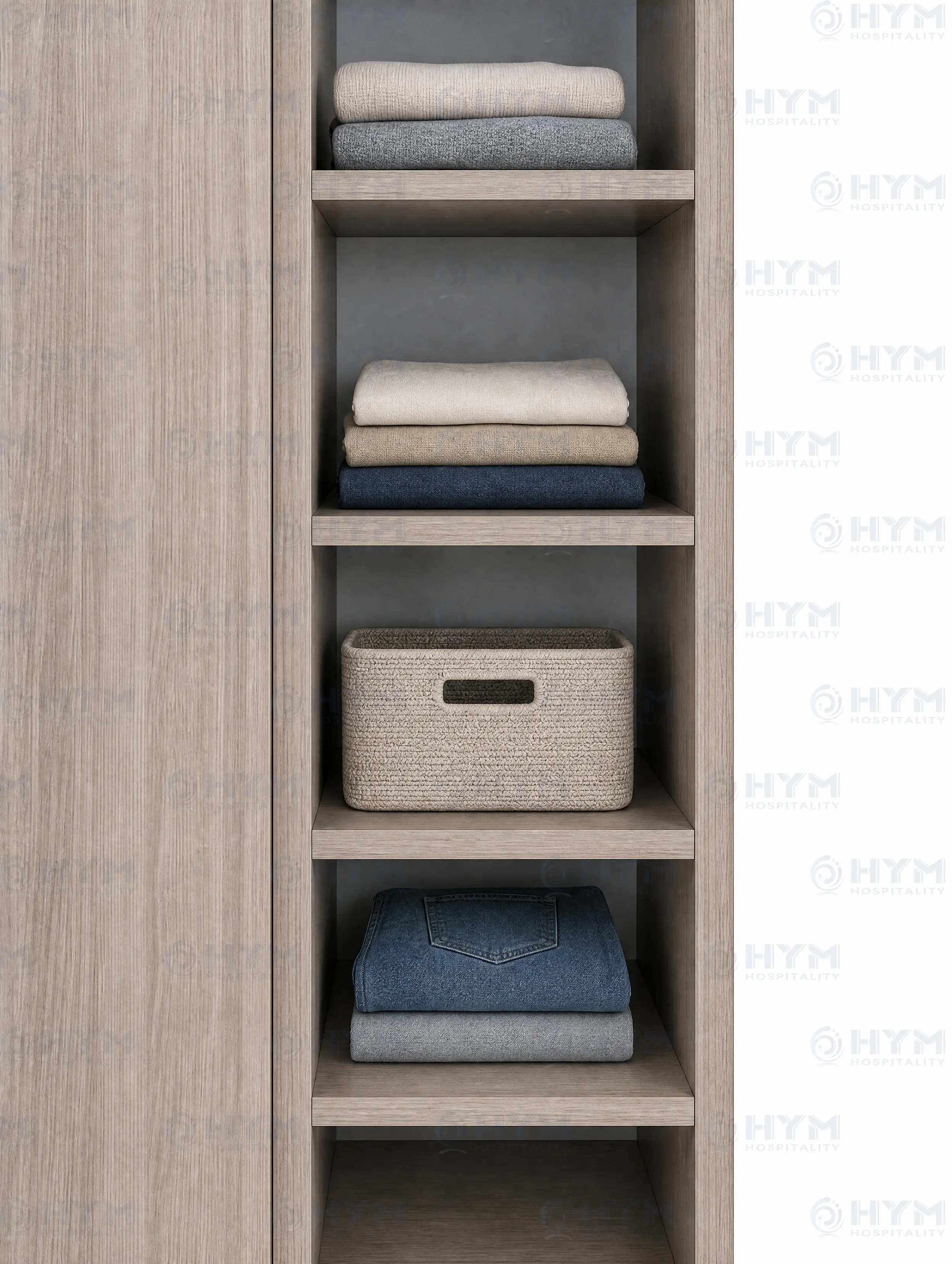 GR-321 7-shelf storage tower with accent back panel for open display and daily-item storage in extended-stay guestrooms.