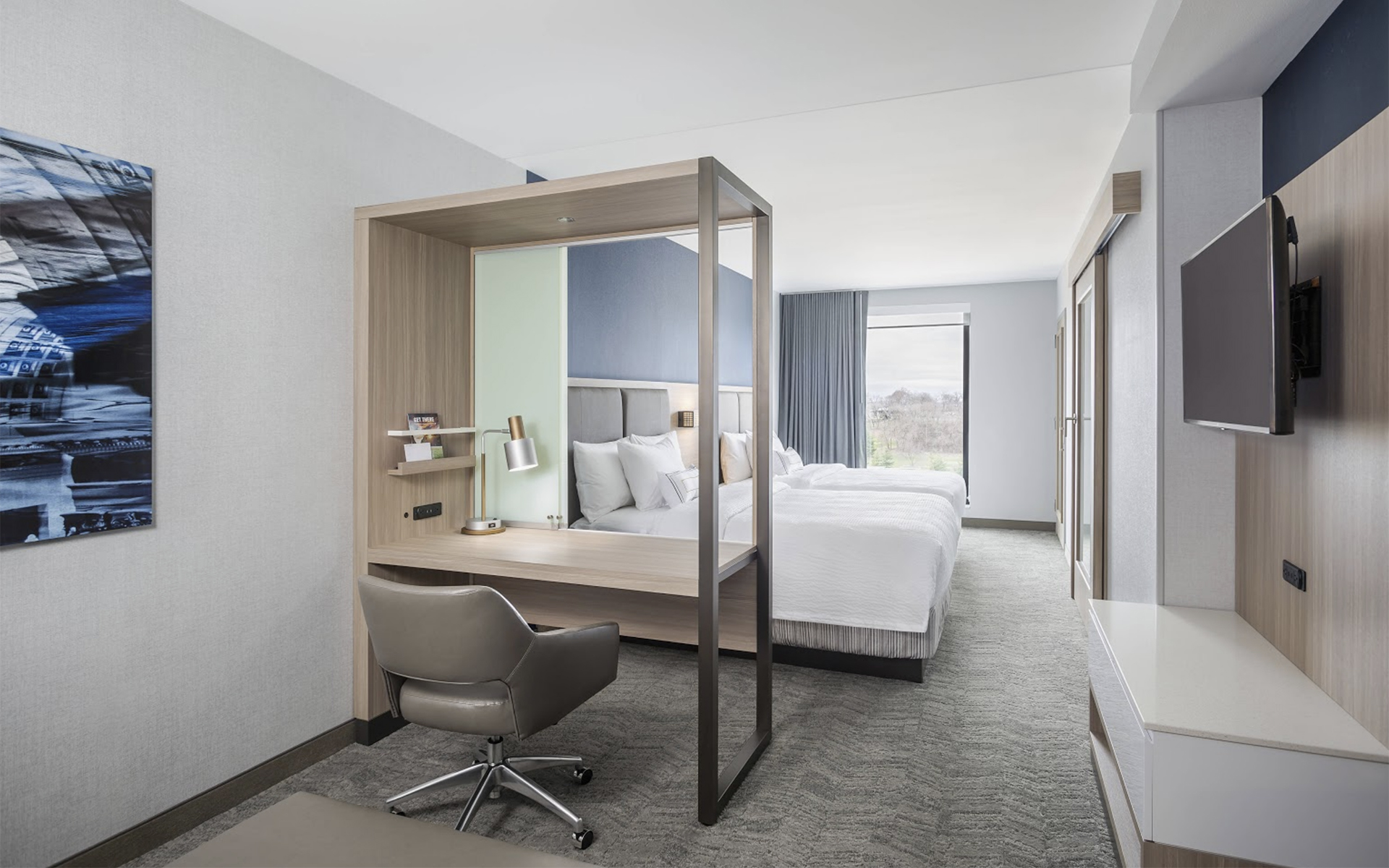 Hotel double-double room furniture set with integrated workspace and living zones for efficient installation.
