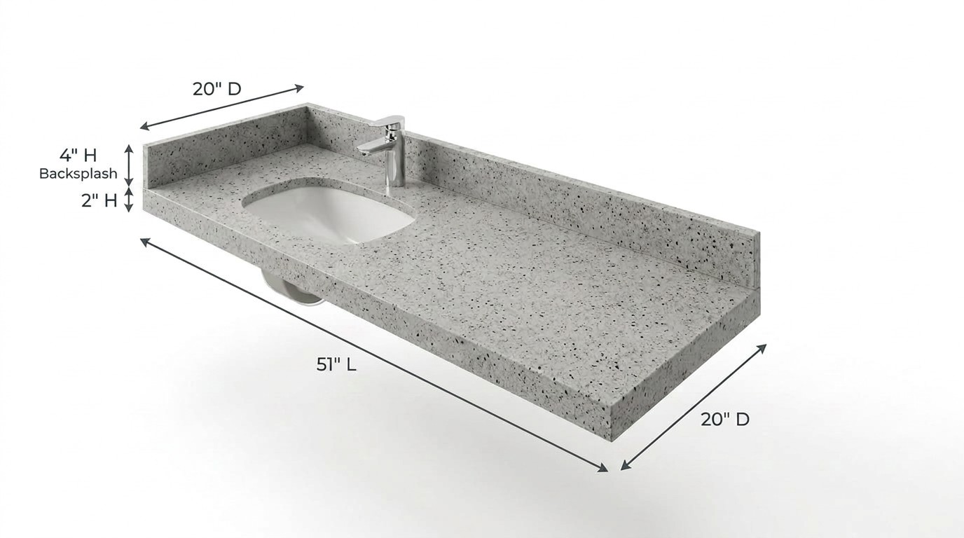 Custom 51 inch grey quartz vanity top with undermount sink, 20 inch depth, 2 inch thick edge and 4 inch backsplash