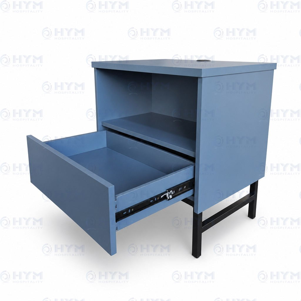 Blue-grey Queen Nightstand for AmericInn Hotel, featuring an open drawer with metal glides and an open storage shelf.