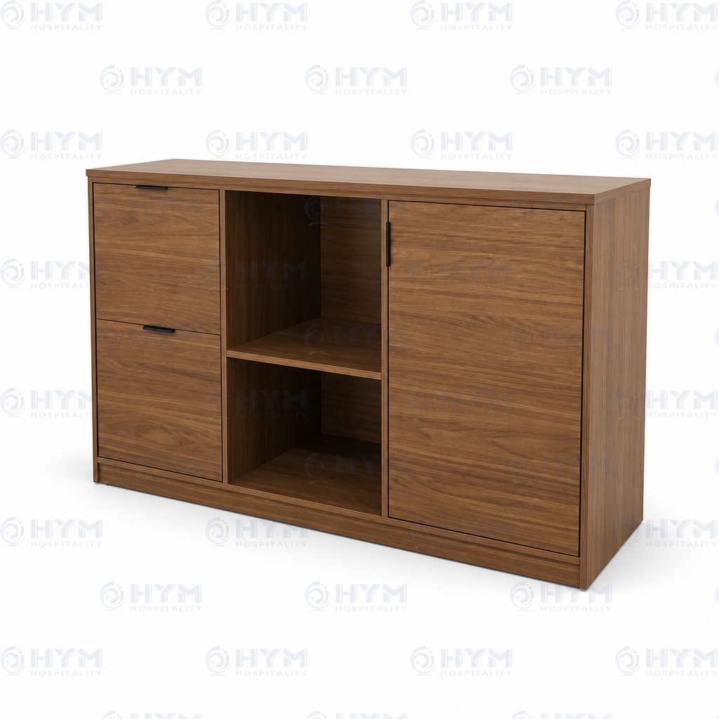 AmericInn hotel room dresser with integrated mini-fridge cabinet, wood grain finish, and multiple storage compartments.