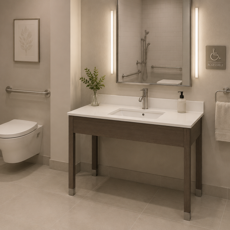 ADA compliant accessible guestroom bathroom for Ramada by Wyndham, showcasing the GR-313 barrier-free vanity with required knee clearance and coordinated grab bars.