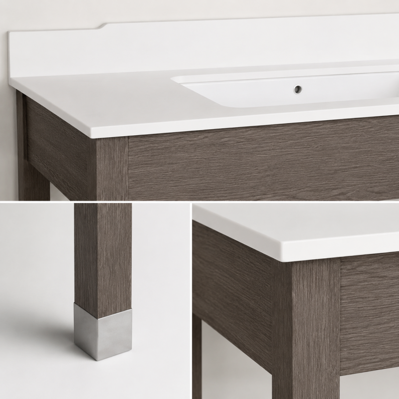 Engineering detail of GR-313 ADA compliant vanity highlighting the signature contoured backsplash and protective brushed metal ferrules on tapered legs.