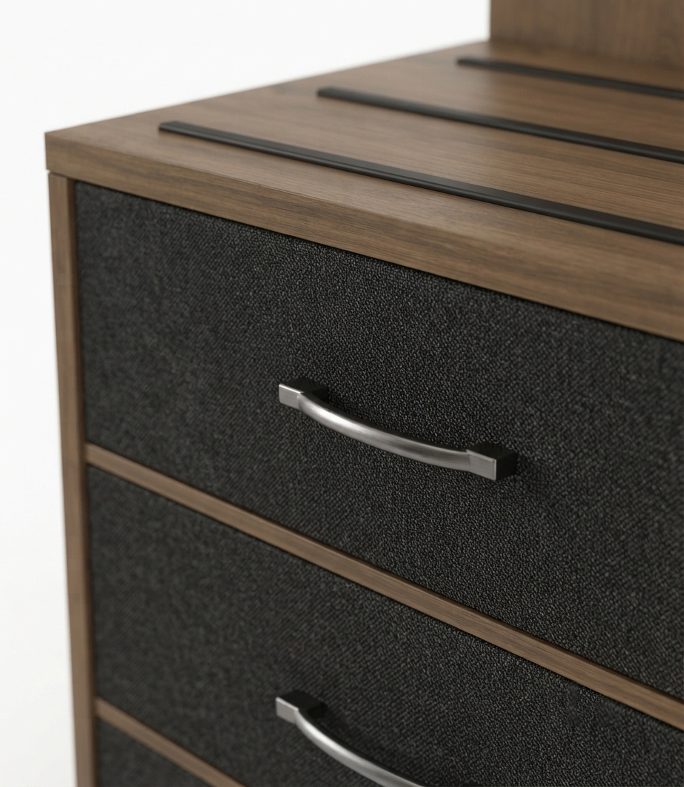 Detailed view of 2mm impact-resistant PVC edgebanding and integrated luggage guard rails on the IHG-standard CG-209 dresser.