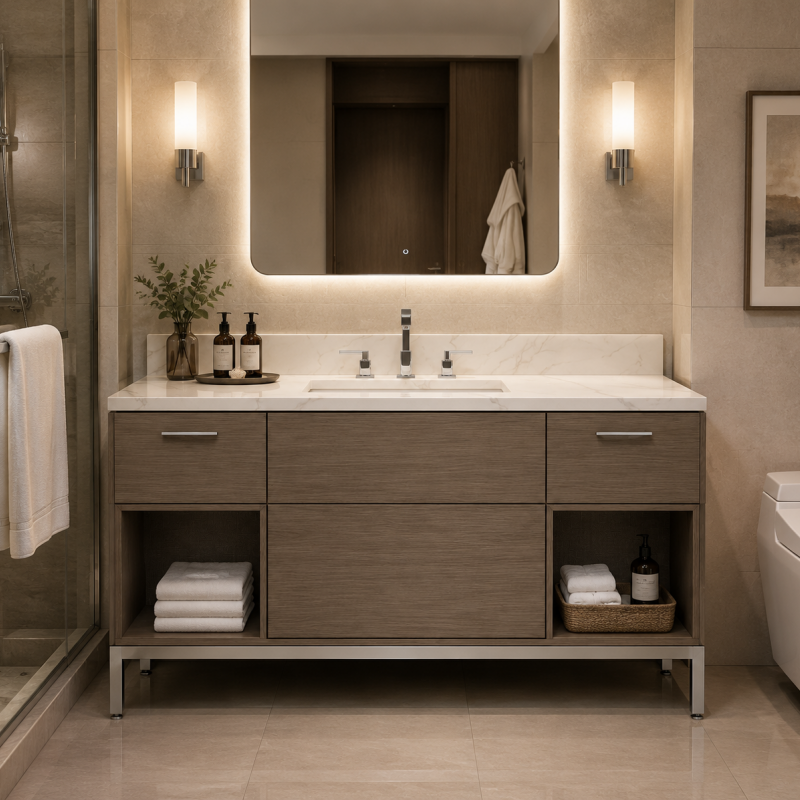 Modernized hotel guestroom bathroom for an Efficiency Suite featuring a 54-inch freestanding vanity with a white stone top, 4-inch backsplash, and integrated towel cubbies.