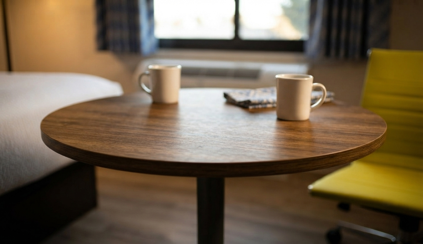 Detailed view of the durable wood-grain laminate finish on a 36-inch activity table top, engineered for high-traffic hotel use.