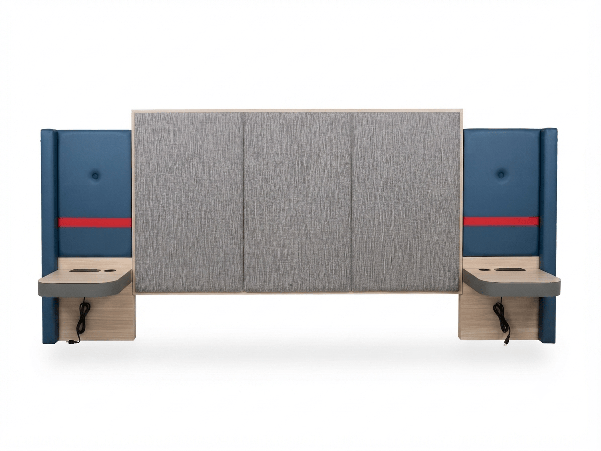 Avid Hotels brand-compliant King headboard system REG-202 with integrated nightstands and signature red accent stripe.