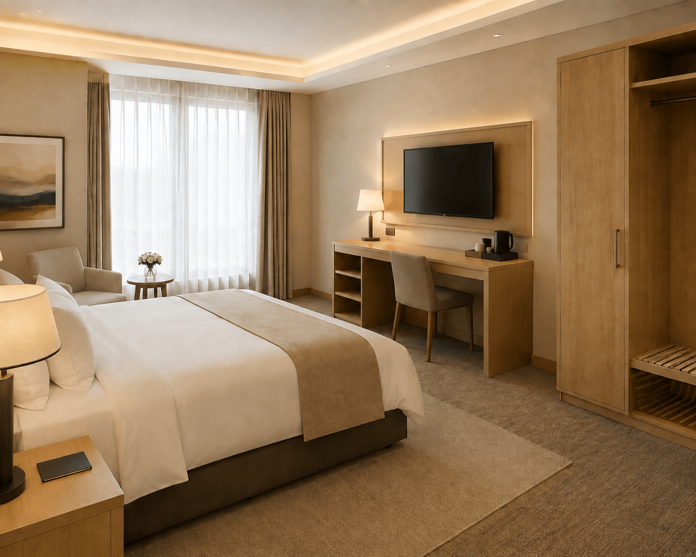Turnkey hospitality furniture layout for a Studio Suite featuring coordinated wood-finish desk and wardrobe units with institutional-grade durability.