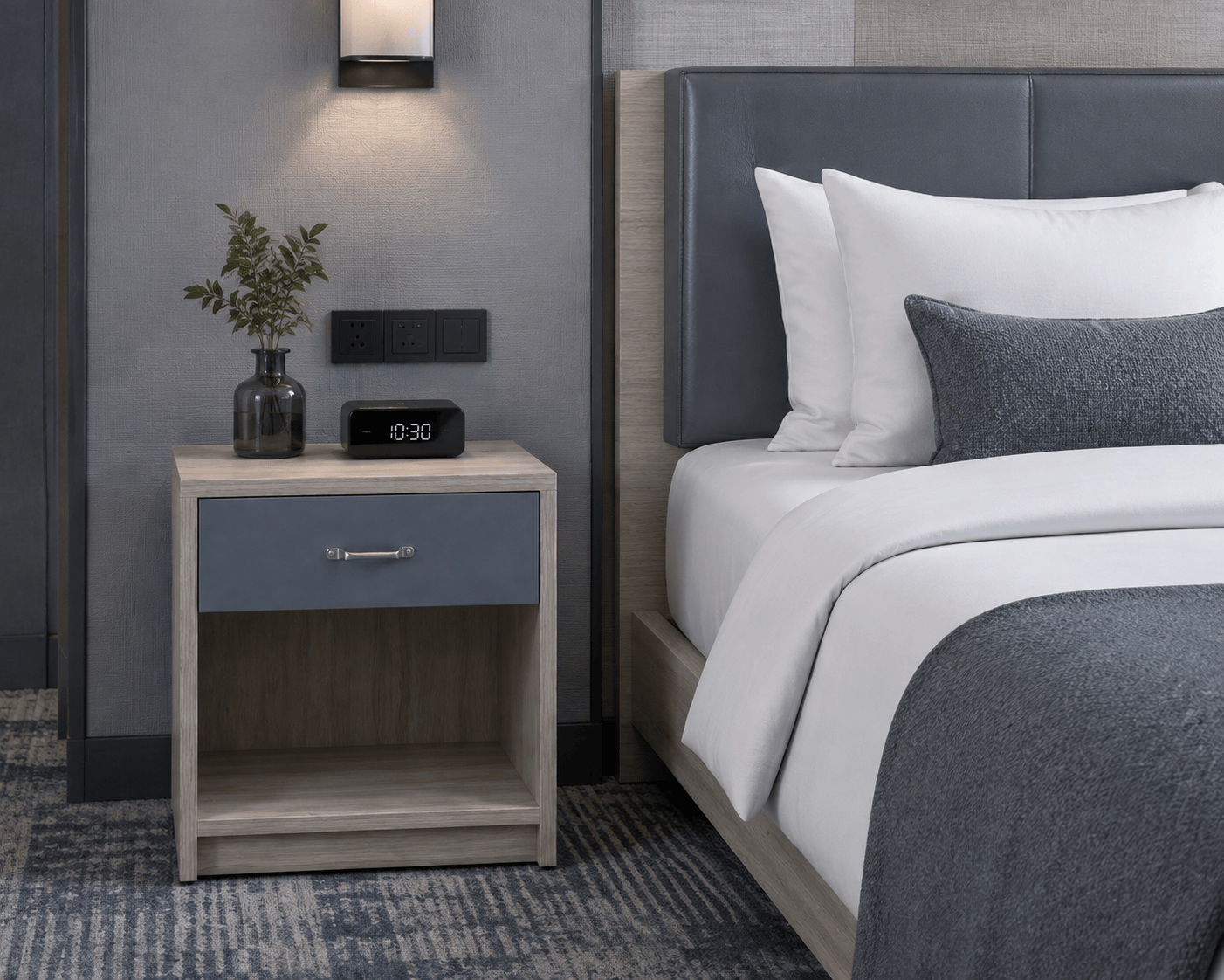 Audit-ready hospitality furniture for Candlewood Suites PIP renovations, featuring dual-tone laminate finishes and 2mm PVC edge banding.