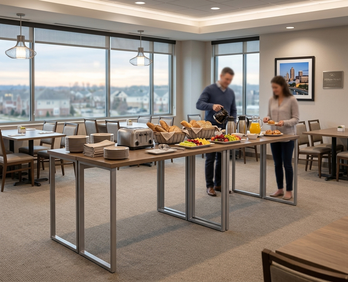 Functional hotel breakfast buffet setup using modular metal-frame dining tables in a high-traffic hospitality environment.