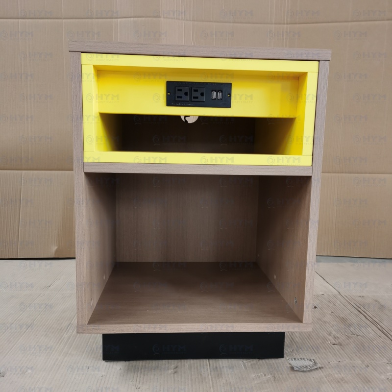 Factory-direct GR-306-CG nightstand for Days Inn featuring high-pressure laminate finish and a vibrant yellow recessed storage compartment.