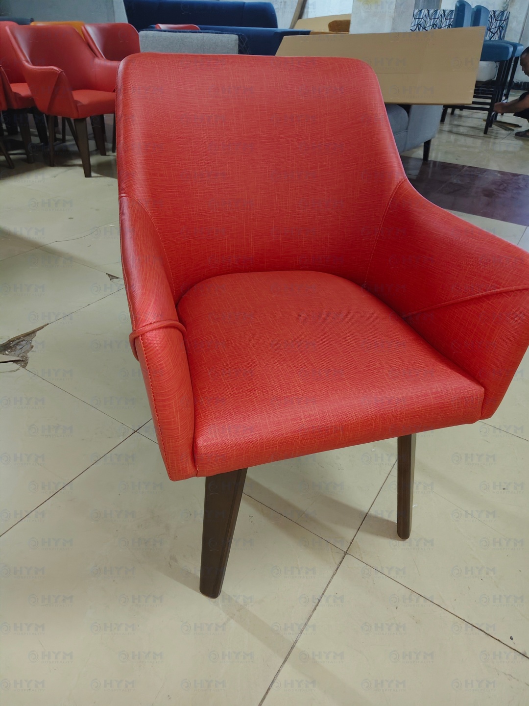 Three-quarter angle view of EXP2-307 commercial restaurant seating showing ergonomic backrest for hospitality projects.