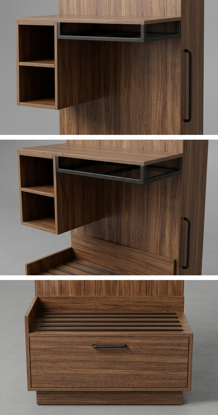 Hotel guestroom wardrobe storage system with integrated heavy-duty luggage bench and soft-closing drawers for hospitality PIP projects.