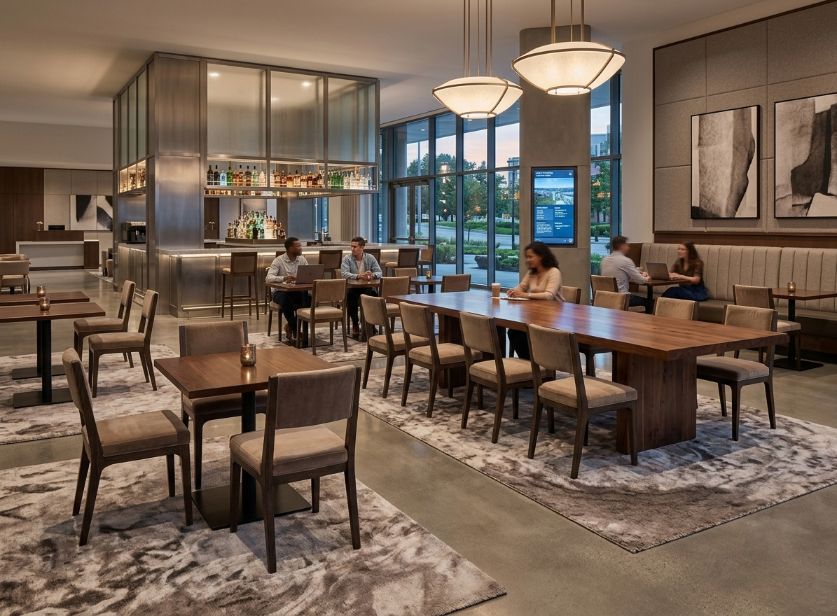 Versatile hotel lobby dining environment showcasing armless task seating for multipurpose work and breakfast zones.