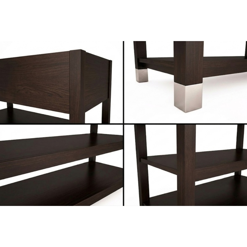 Close-up details of a hotel vanity base highlighting reinforced structural joints and brushed-nickel leg caps for high-traffic floor protection.