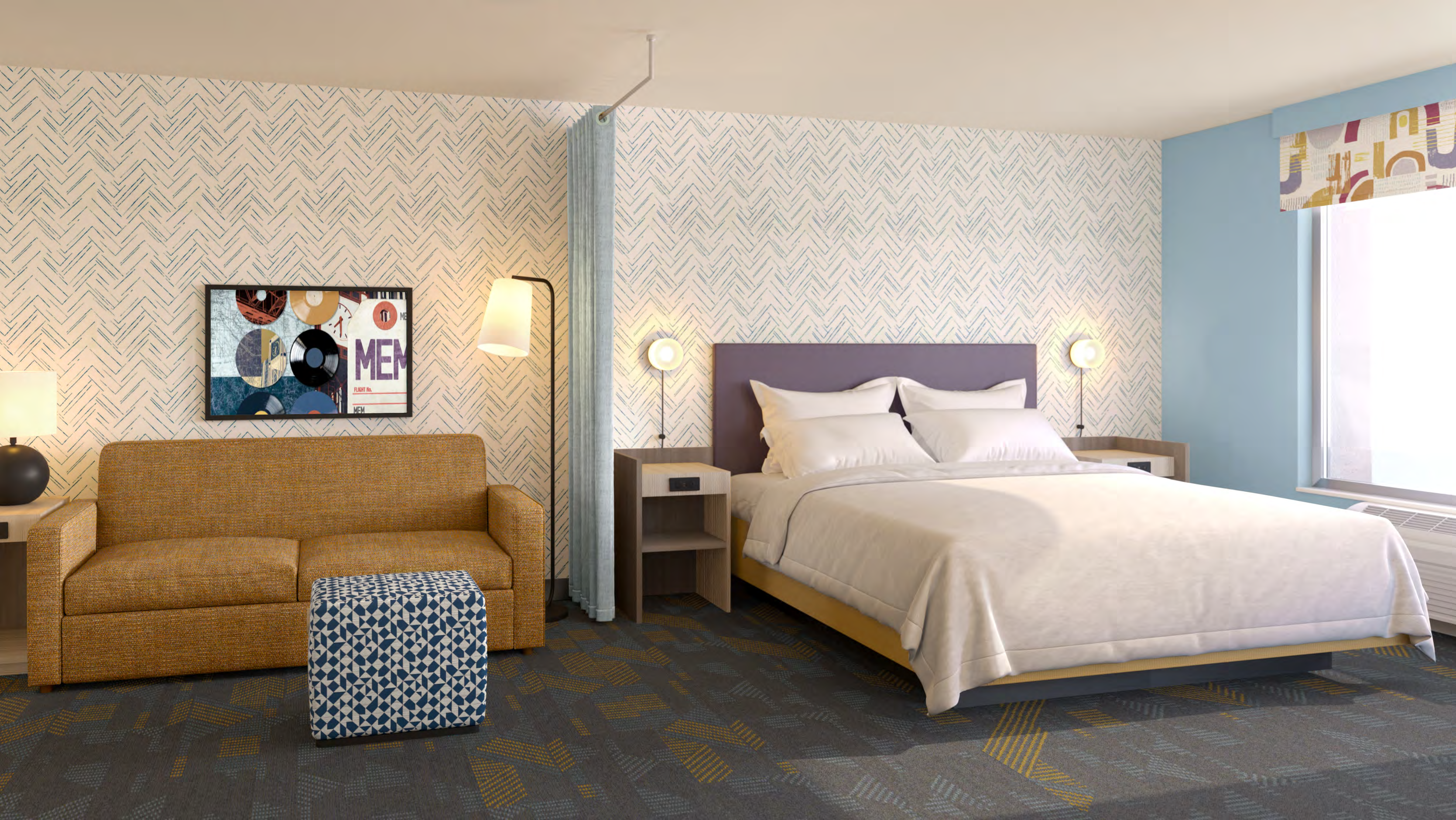 Full hotel room layout with symmetrical left and right GR-323 nightstand sets, ideal for serviced apartments and ADA accessible guest rooms.