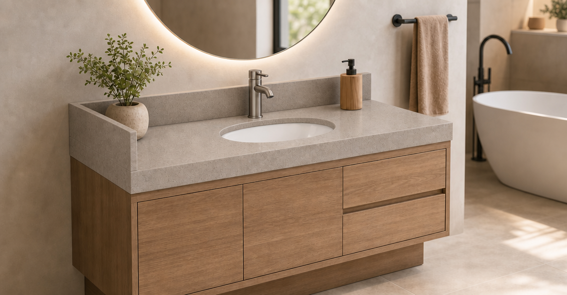 CG-221 vanity top installed on a modern wooden cabinet for hotel guestroom renovation and refurbishment projects.