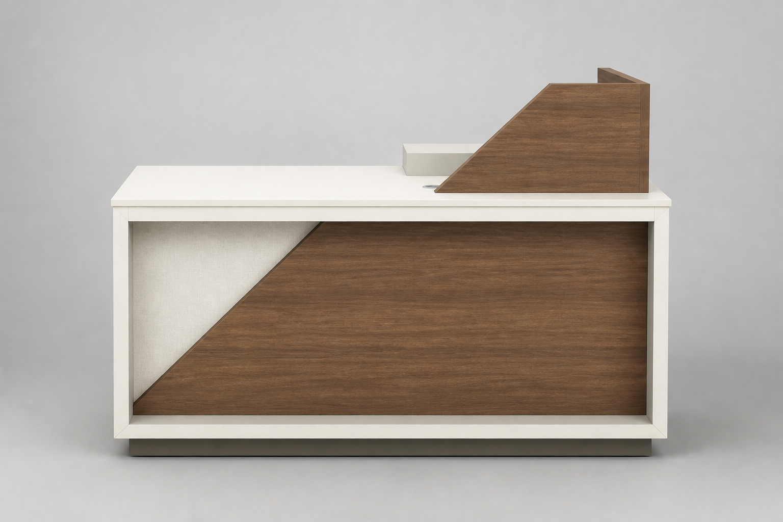 EXP2-216 Holiday Inn Express Check-In Pod front view with wood veneer shroud and 2cm quartz countertop