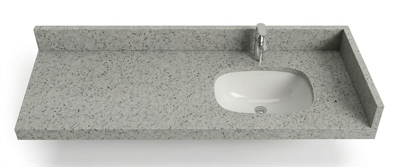 Top view of CG-219 grey quartz vanity top with integrated backsplash, chrome faucet and undermount bathroom sink