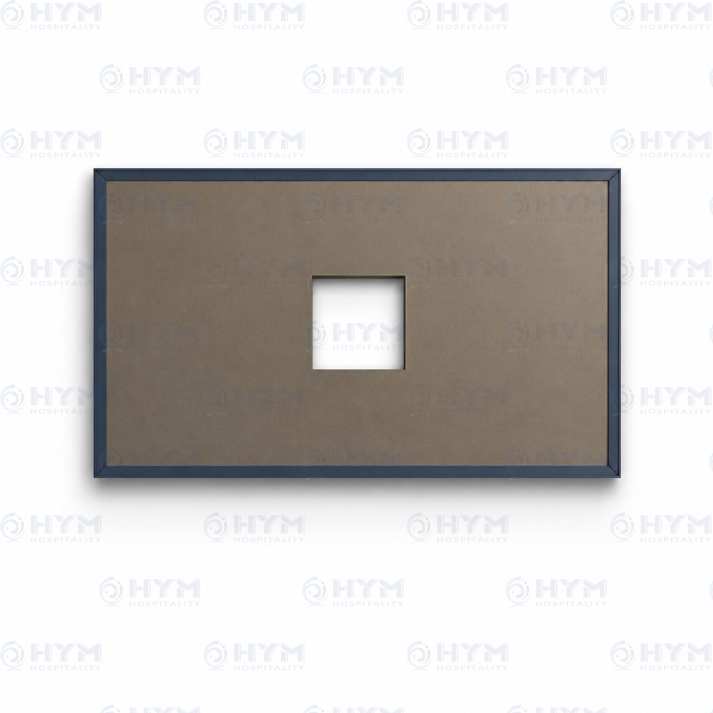 Modern hotel TV mounting panel with grey textured fabric and blue-grey frame, part of AmericInn bedroom set.