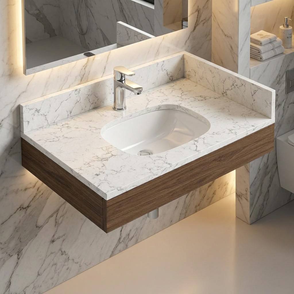 High-end modern hotel bathroom interior with CG-255 quartz vanity unit under professional ambient lighting.