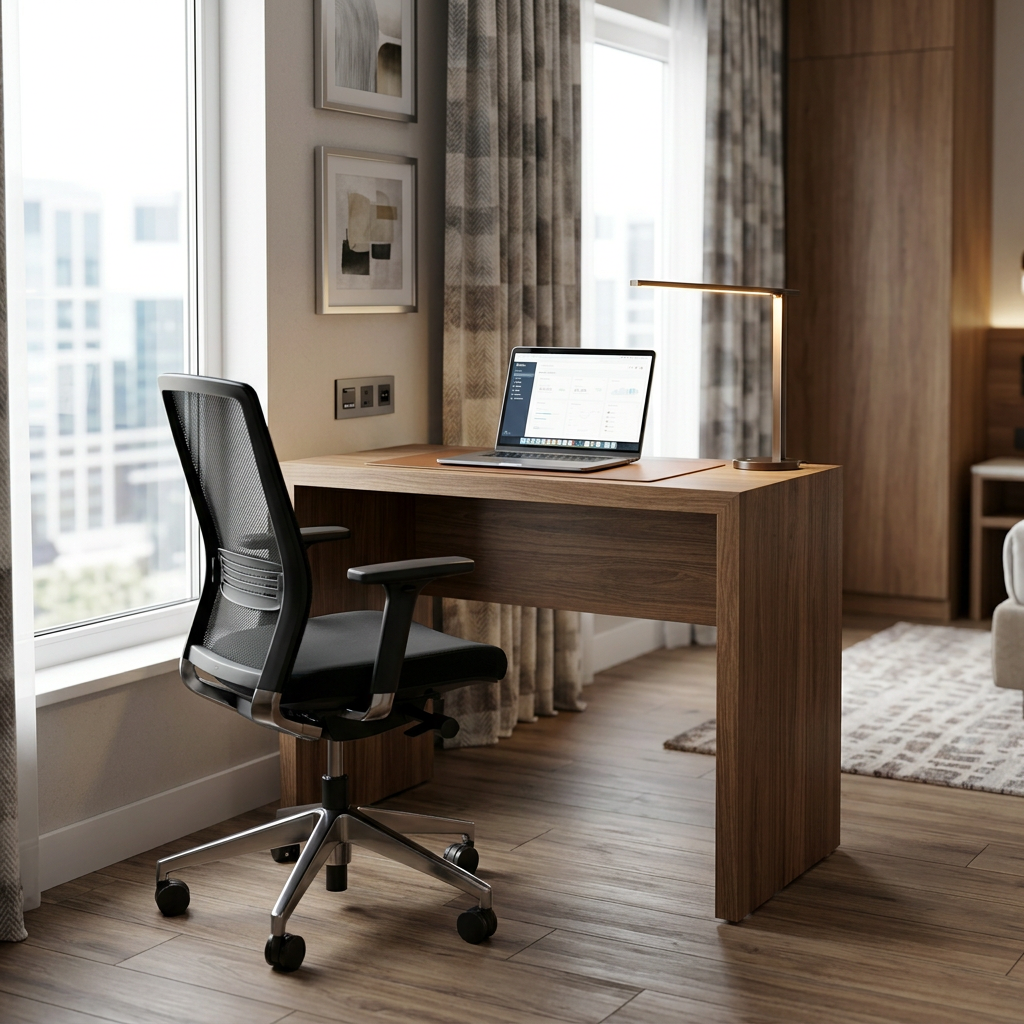 CG-253 desk by window with laptop and rolling office chair